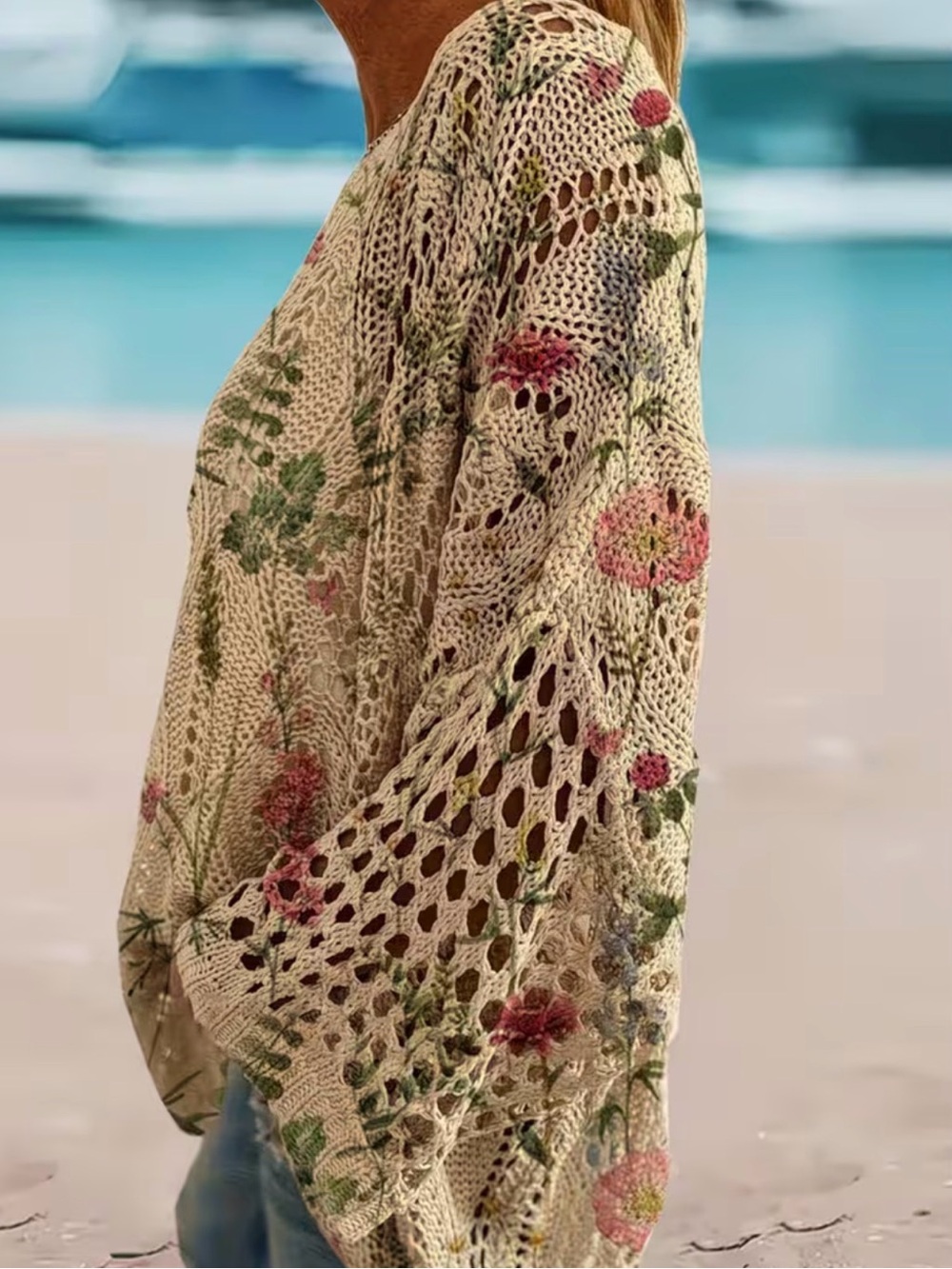 Boho Floral Crochet Knit Oversized Sweater - Cream - Picture 5 of 5